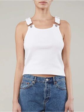 STILL HERE White Ribbed Tank Top with Adjustable Strap Details